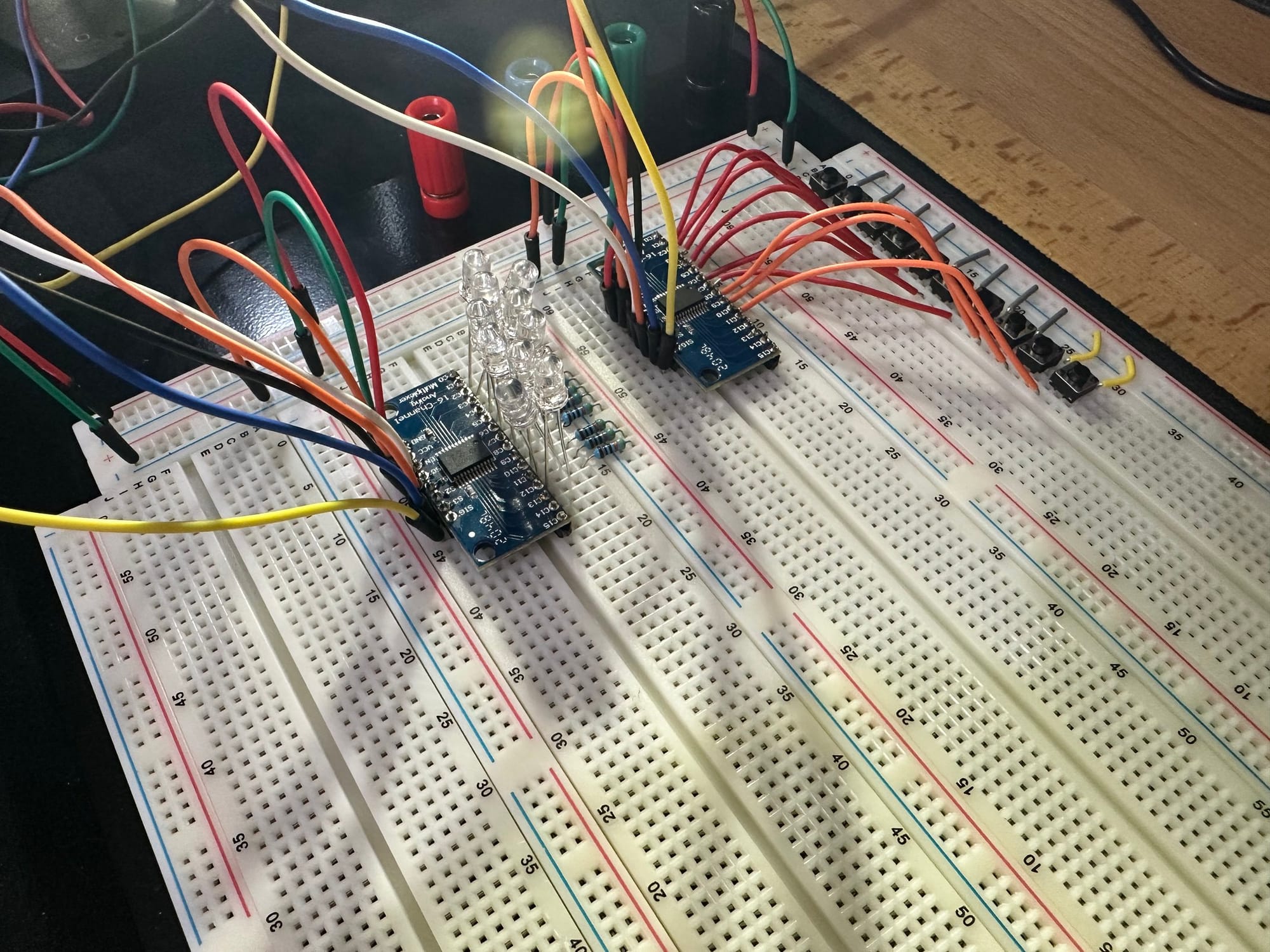 Microcontroller connected to a breadboard during a later wiring iteration