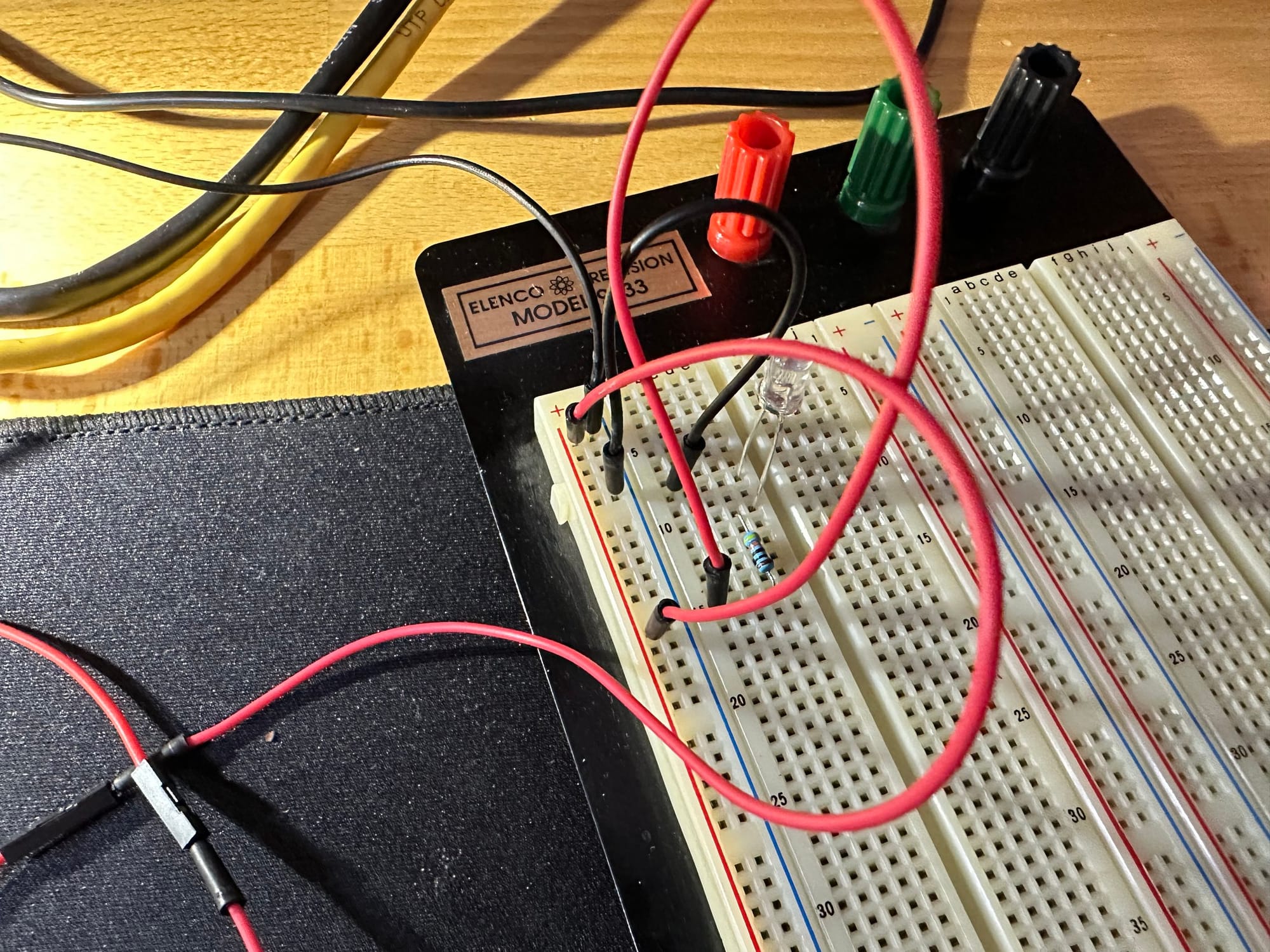 Breadboard with a simple LED test circuit for the networked tally-light prototype