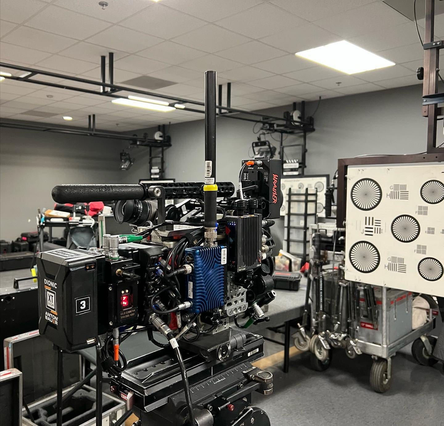 Professional cinema camera with CineVue components during technical preparation