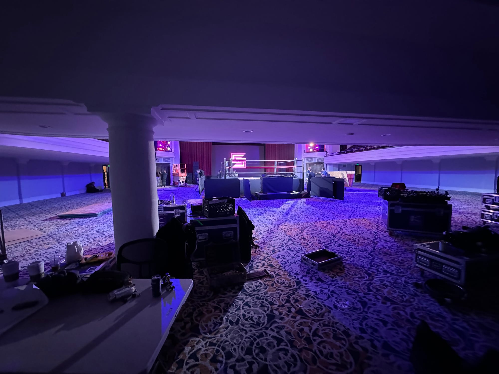 Wide view of the Sukeban ring and production area inside the Trinity Hotel ballroom