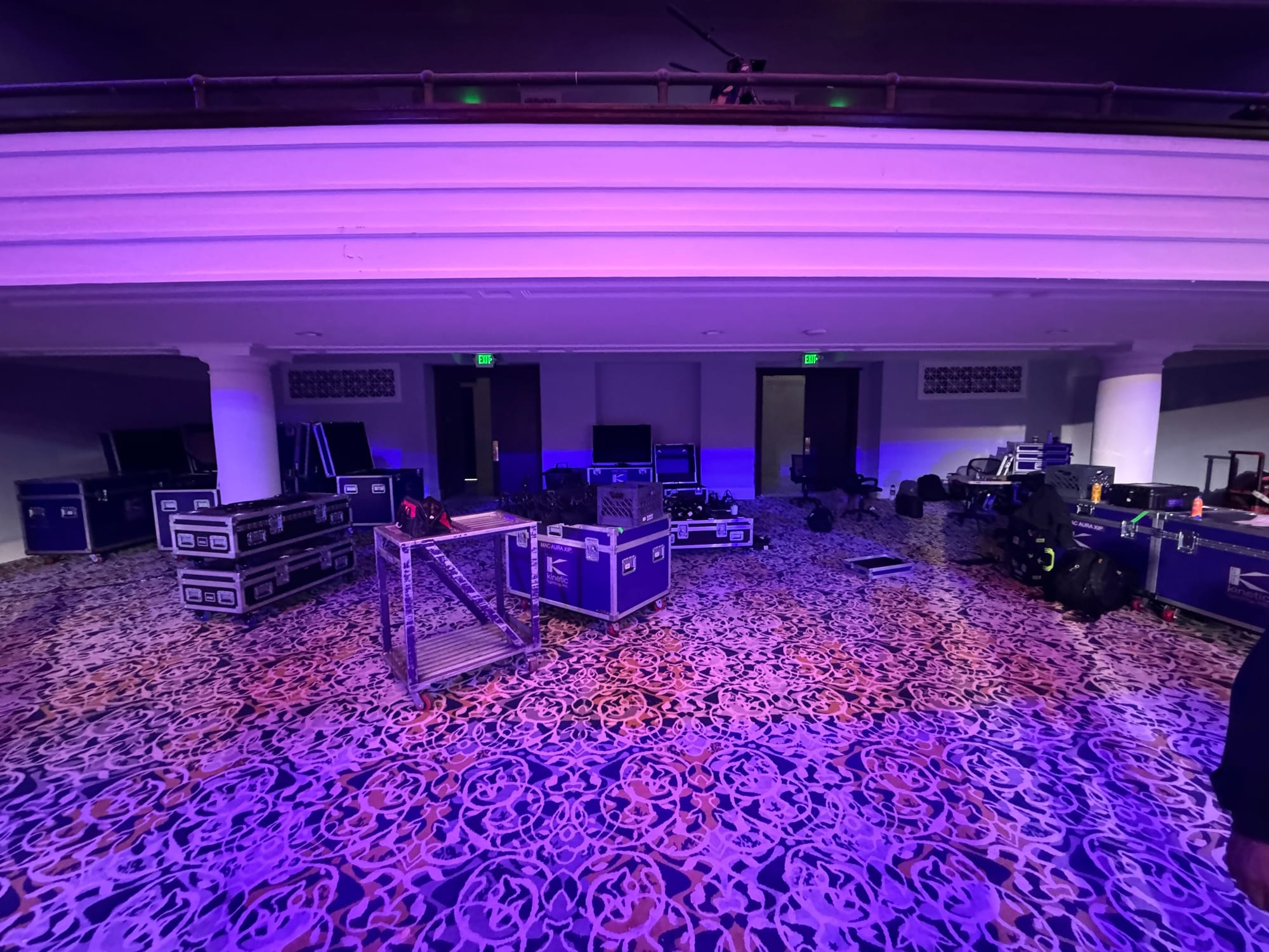 Event equipment arranged around the Trinity Hotel ballroom before the Sukeban show