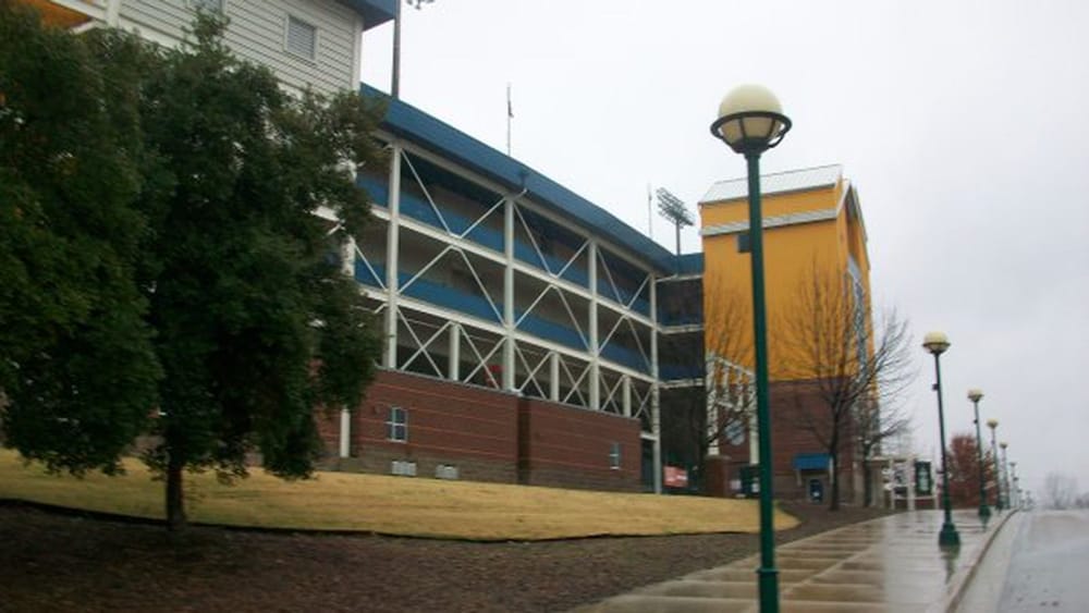 Exterior of Finley Stadium in Chattanooga on a rainy day