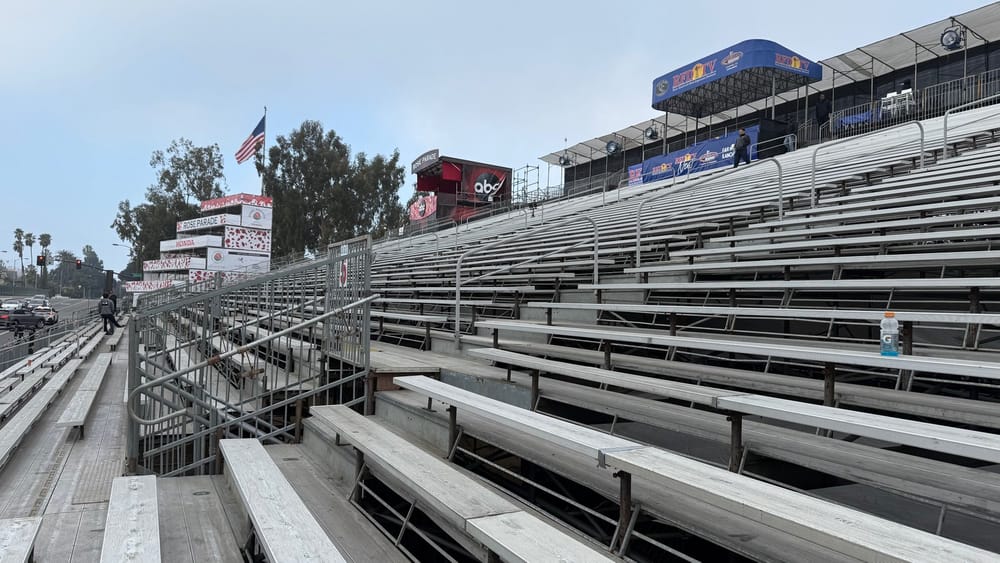 Empty Rose Parade grandstands and broadcast platforms along the parade route in Pasadena before the event