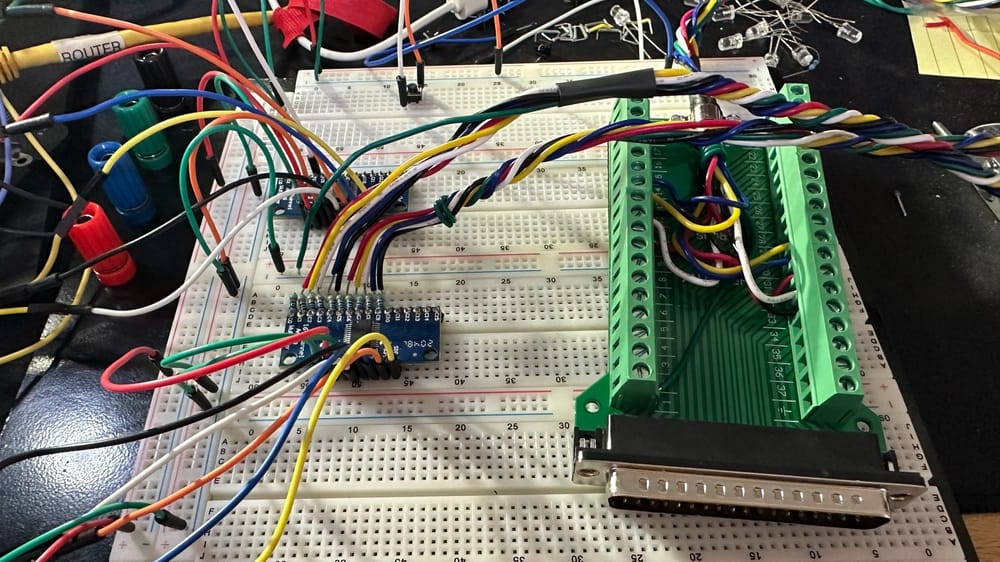 Arduino boards, button controls, and wiring used to prototype the 360CraneCam switcher