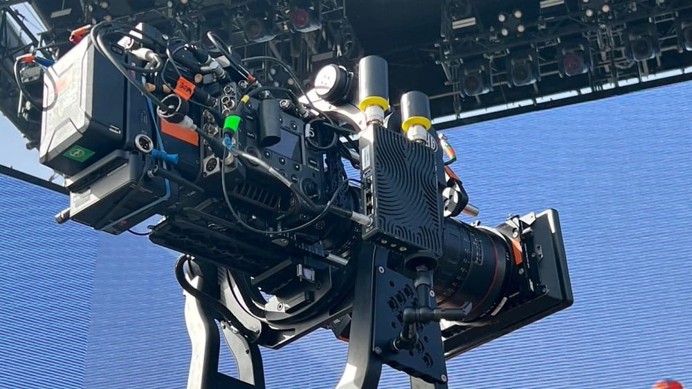 Cinema camera equipped with a CineVue wireless video system at an outdoor stage