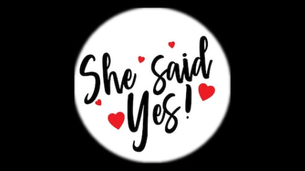 Handwritten text reading She Said Yes surrounded by red hearts