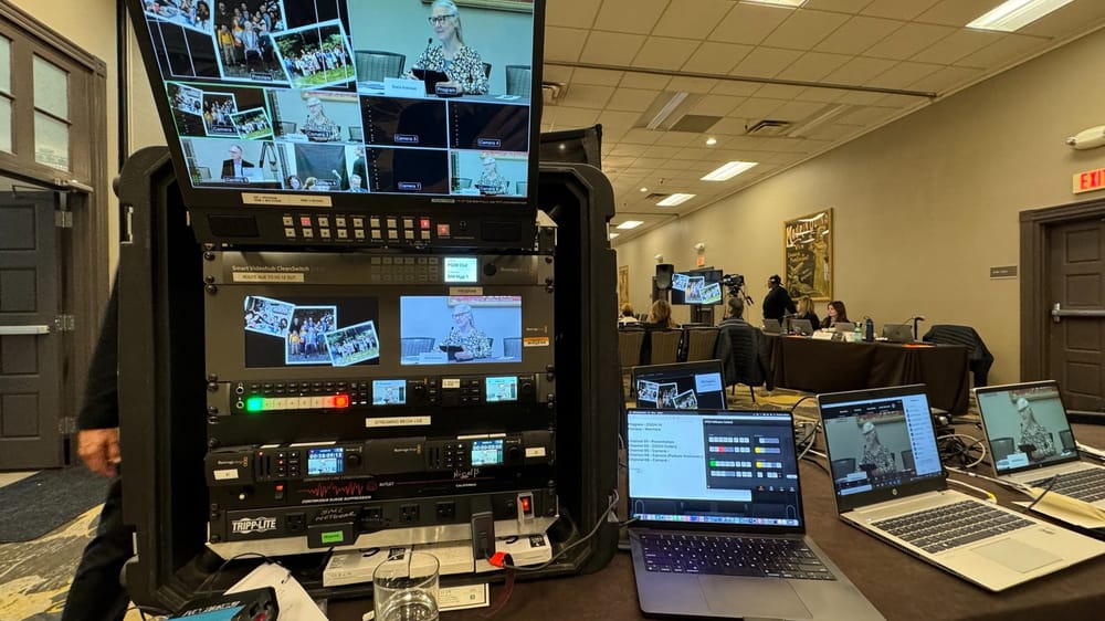 Portable production rack and laptops supporting an MHSOAC meeting in Napa