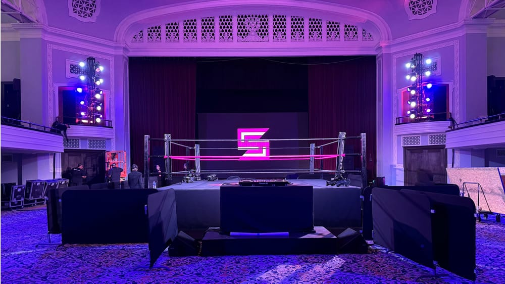 Sukeban wrestling ring and stage prepared inside the Trinity Hotel in Los Angeles